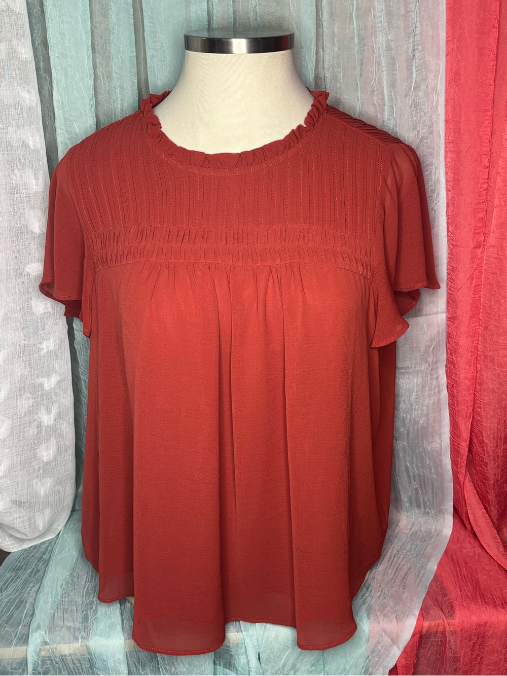 torrid Rust Ruffle Yoke Flutter Sleeve Blouse - Picture 1 of 3